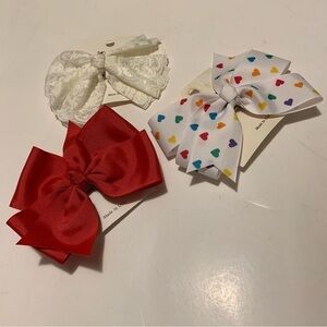 BOWS ETC. three vintage bow hair barrettes white lace red white hearts new